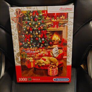 NEW Christmas by the Fire Jigsaw Puzzle 1000 Clementoni Italy 19"x 27" Cat & Dog